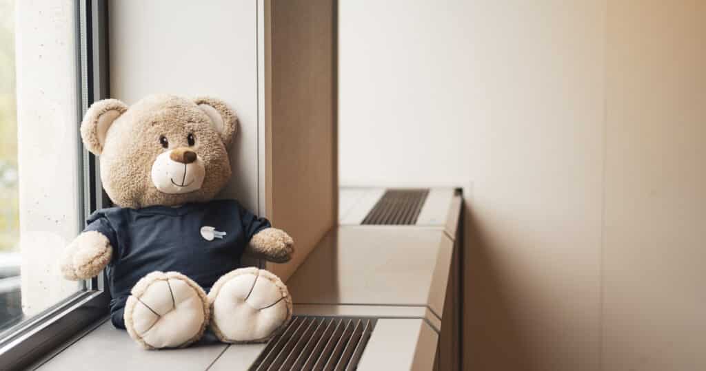 Netto Group mascotte teddy beer in bedrijfskleding - vriendelijke professionele schoonmaakdienst voor kantoren en bedrijven
